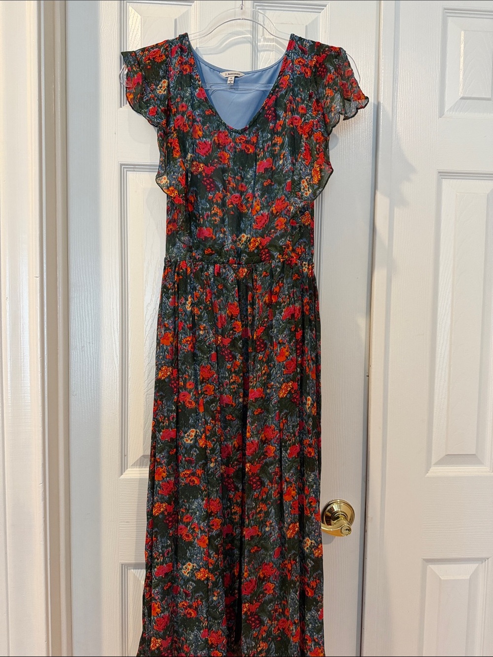 J. Peterman Dark Green Maxi Dress with Red and Orange Floral Print